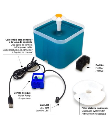 Fuente para Gato/Perro - Con luz Led y filtro de carbón activado - 2 Litros